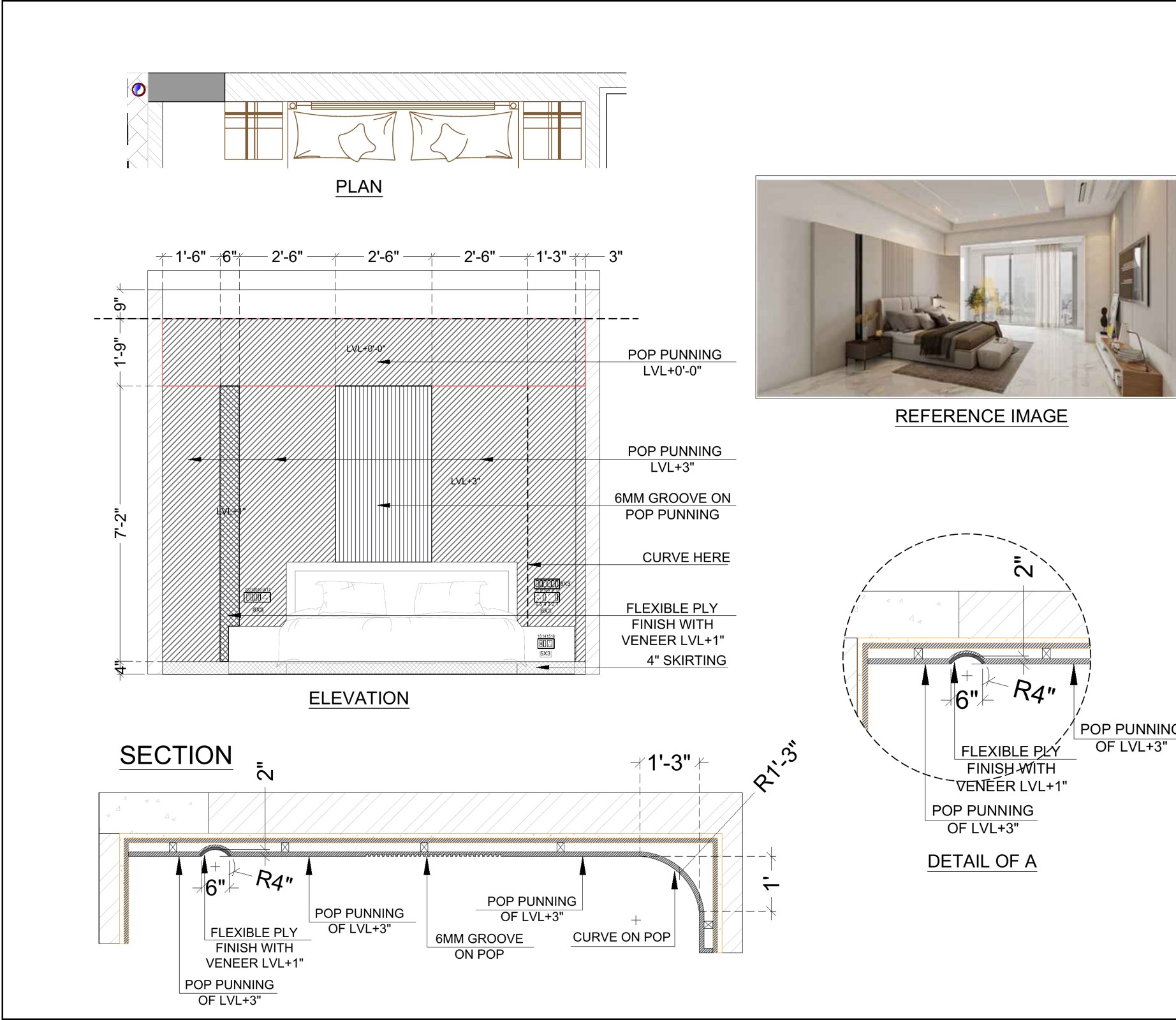 BD-01 bedroom feature wall, showing dimensioned elevation, section and an illustrative room reference
